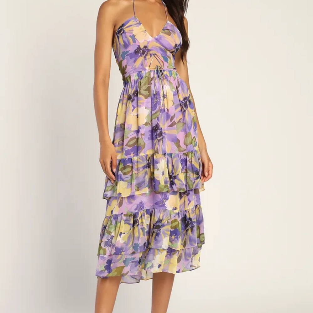 Lulus Vividly Vibing Purple Floral Tiered Cutout Halter Midi Dress Size M